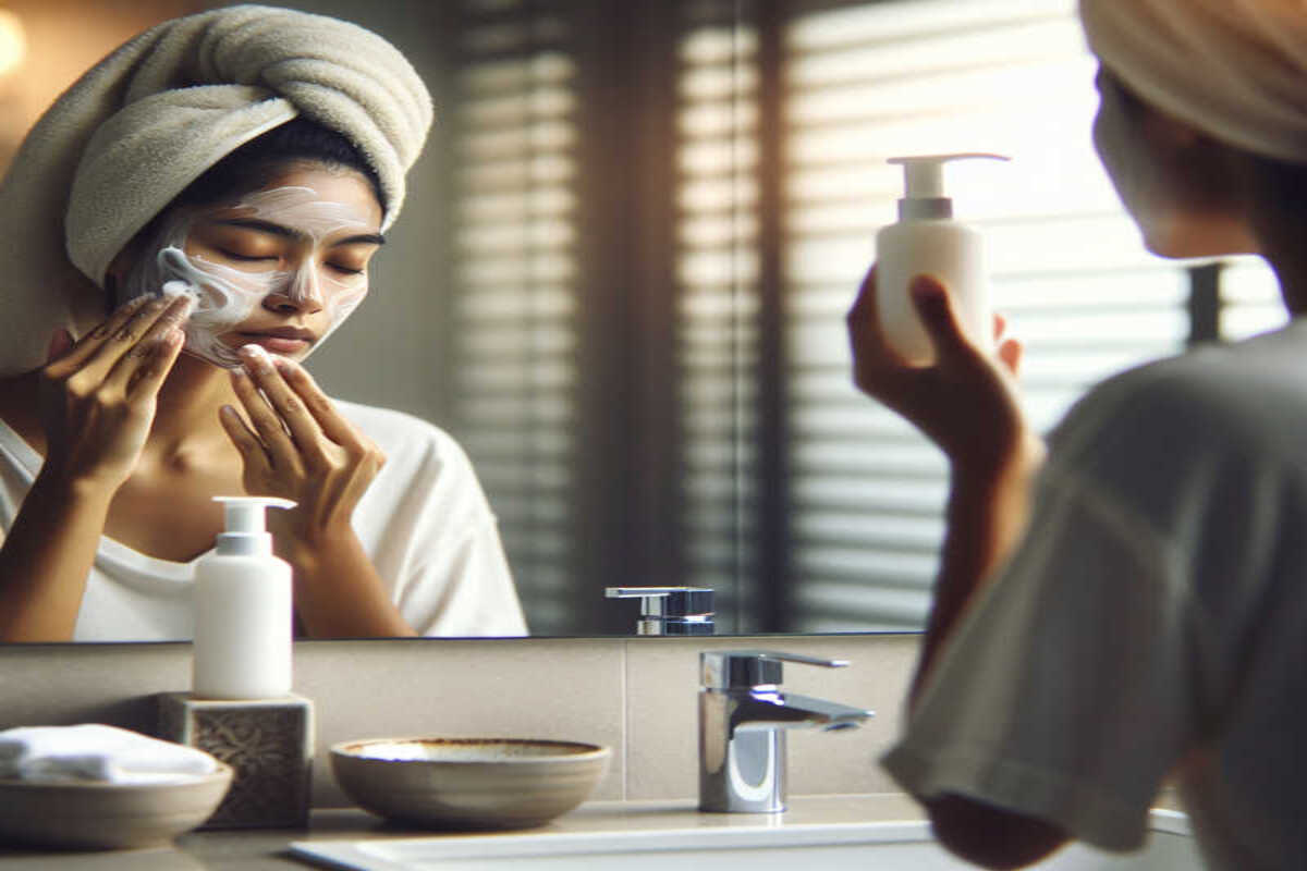 Kobieta oczyszczająca swoją skórę twarzy w sposób dwuetapowy